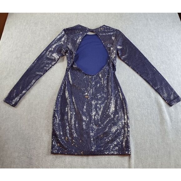 H&M Dress Womens Small Blue Sequin Metallic Cut Out Back Long Sleeve Round Neck - Picture 7 of 8